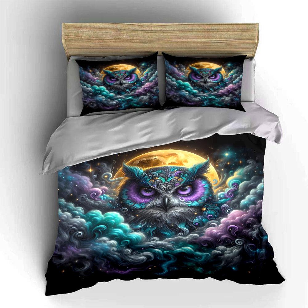 Mystical Owl Artwork Set Bedding Set with 1 Duvet Cover 2 Pillowcases Single Double King Queen, Gift