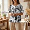 Women Henley Neck Printed Short Sleeve Cotton Linen Shirt with Front Pocket and Button Casual Fit Top