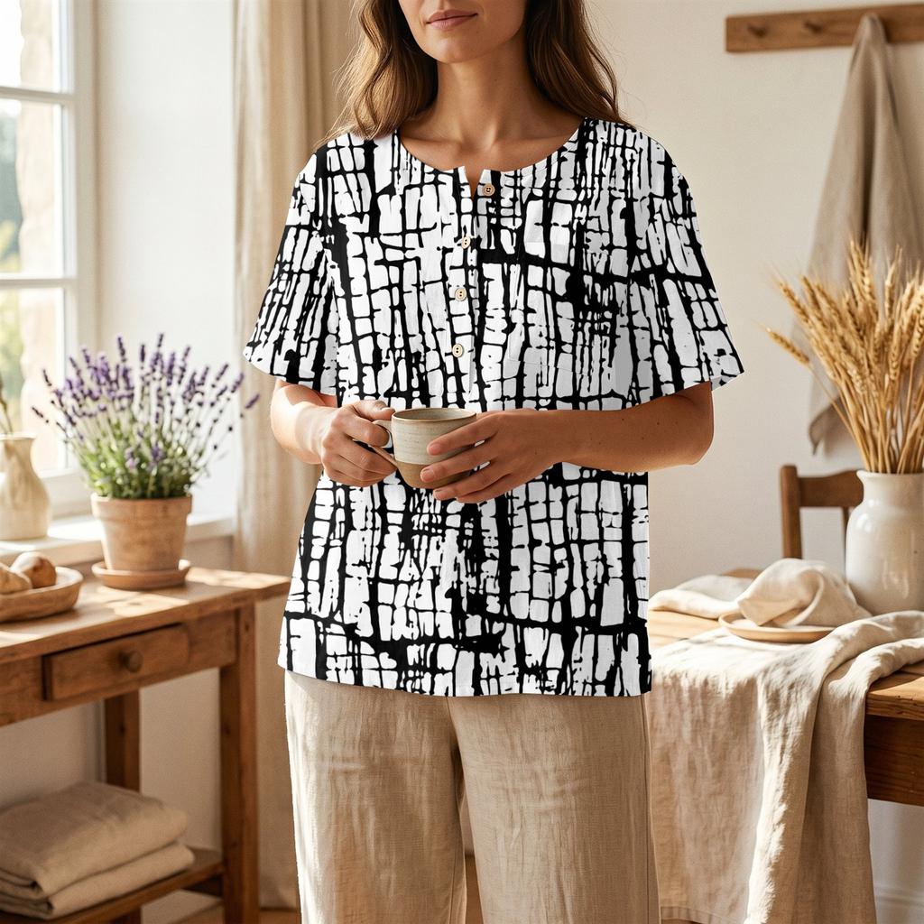 Women Henley Neck Printed Short Sleeve Cotton Linen Shirt with Front Pocket and Button Casual Fit Top
