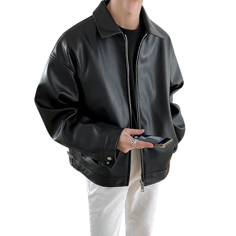 

[BREAORTION] leather jacket men s stadium jacket jacket riders jacket Synthetic leather jacket Cut jumper Plain color outer Fashionable Street style