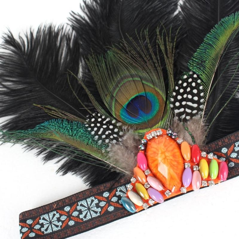 Ethnic Style Headband with Rhinestone&Feather Decors Unique Hair Hoop Women Bride Wedding Party Taking Photo Headband