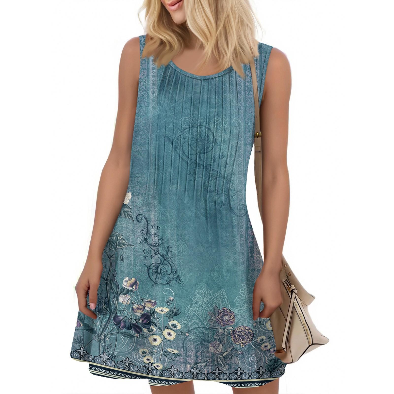 

Ladies Fashion Summer Floral Print Dress Loose Beach Vacation Casual Sleeveless Sundress XXL світло-синій колір