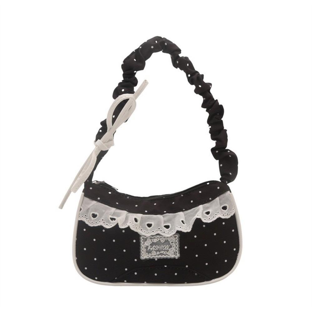 Drawstring Polka Dot Shoulder Bag Stretchable Strap French Stick Handbag  Women чёрный