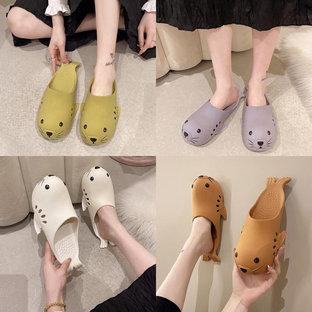 Cute Cartoon Seal Slides With Pvc Breathable Sole For Home And Beach Use