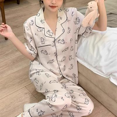 Cartoon  Rabbit Cute Print Women's Pajamas Korean Sweet Y2k Fashion Female Nightgown New Autumn Lazy Casual Sleepwear