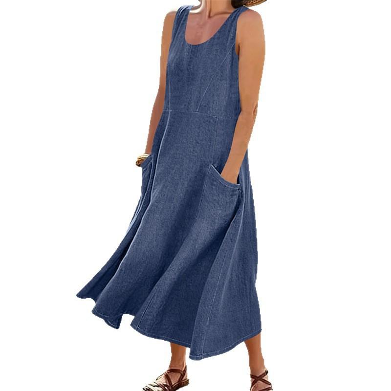 Womens Denim Sleeveless Long Dress With Pocket Round Neck Casual Loose Fit Outfit