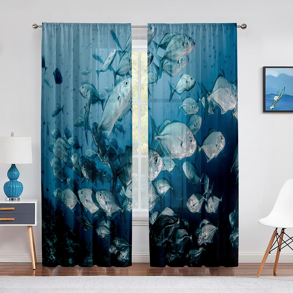 Ocean Underwater World Tulle Voile Curtains Tropical Fishes Shark Coral In The Deep Sea Sheer Curtain for Living Room Bedroom
