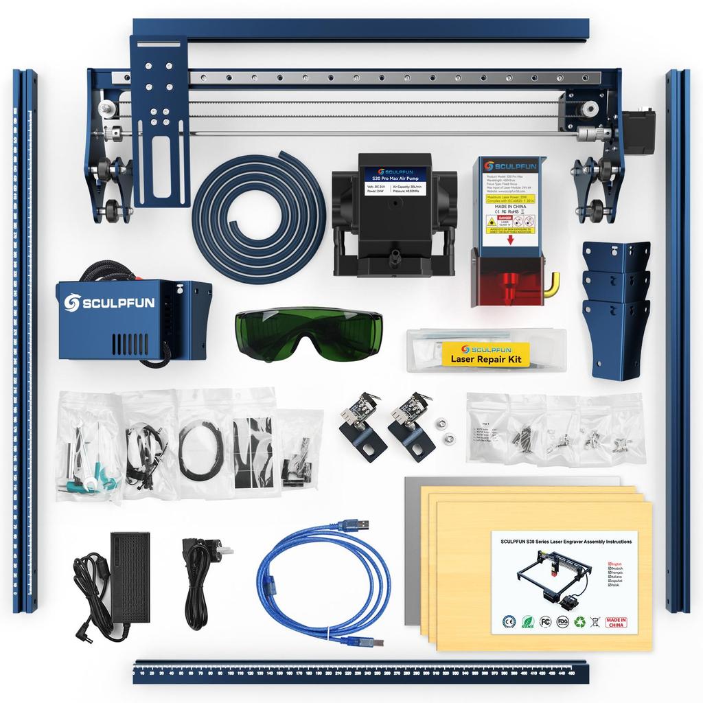 SCULPFUN S30 Pro Max 20W Grawer Laserowy Cutter, Konstrukcja z wymienną soczewką, Płyta główna M8 z asystą powietrza, Ognisko lasera 0,06x0,08mm