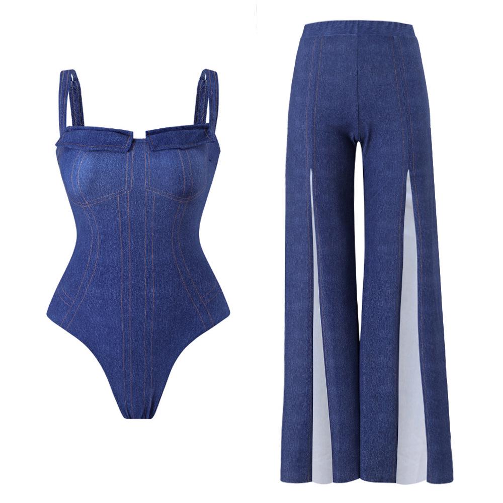 

Европейский и американский высокоэластичный джинсовый комбинезон-купальник для женщин, утягивающий купальник (2025) L