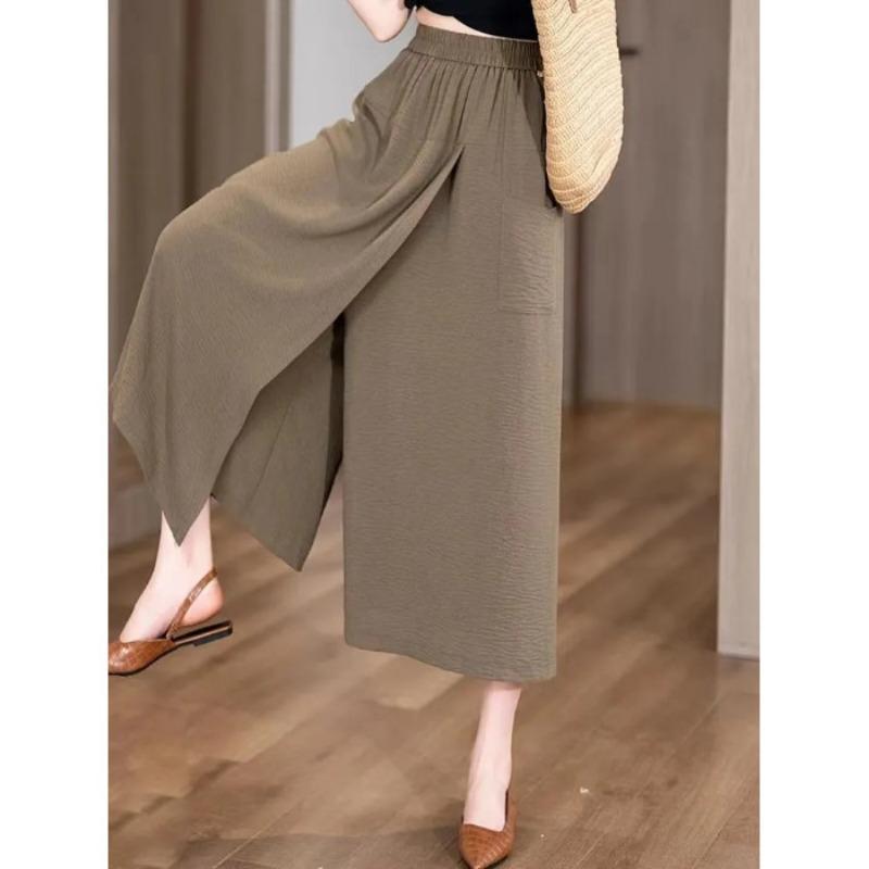 Womens Solid Split Wide Leg Pants Casual High Waist Culottes Skirt Pants