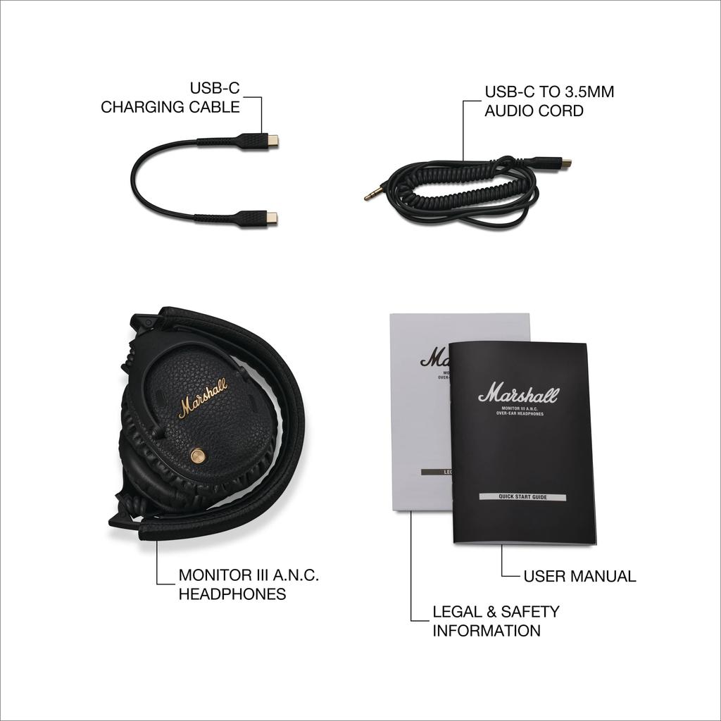 Marshall Monitor III A.N.C Kabellose Noise Cancelling Kopfhörer, Schwarz, 70 Stunden Kontinuierliche Wiedergabe/Freisprechen [Inländisches Originalprodukt] Ove