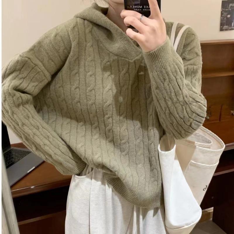 Autumn and winter new twist sweater women's hooded pullover retro lazy loose soft waxy knitted sweater sweater top women