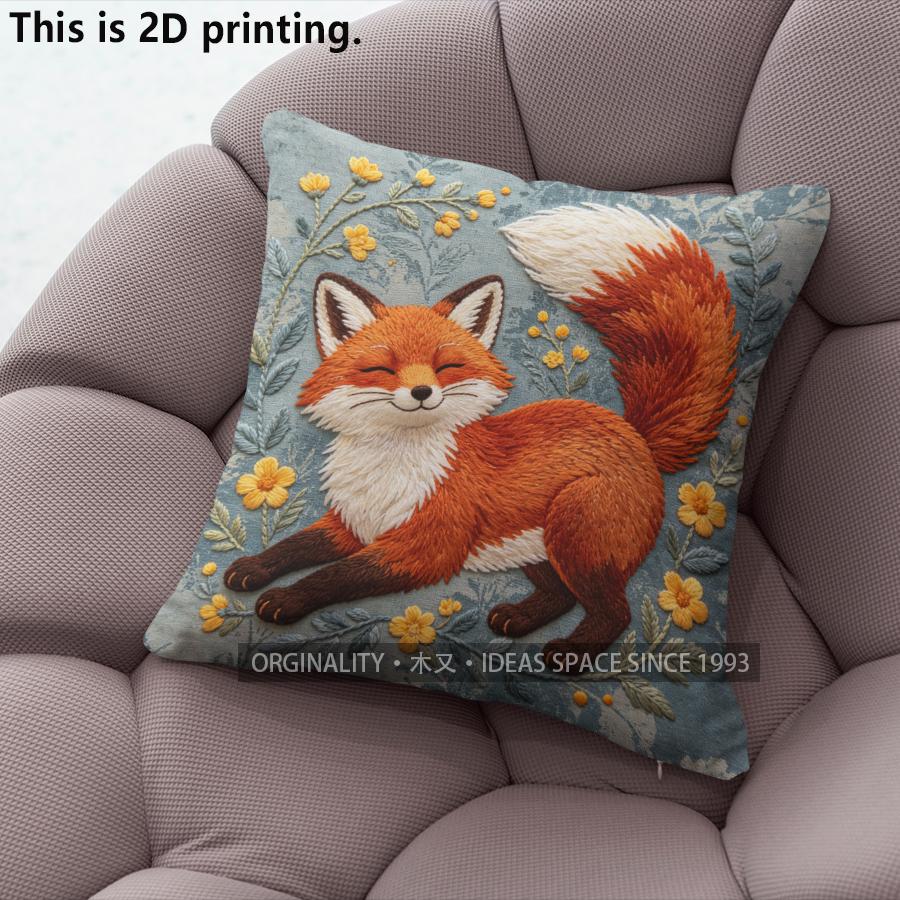 Cute Embroidery Style Fox Floral Throw Pillow Covers Pattern Cushion Cover Suitable for Sofa Bedroom Car Pillow Cover