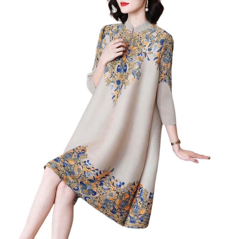 New retro improved cheongsam medium and long printed skirt, foreign style thin pleated dress, elegant women's clothing