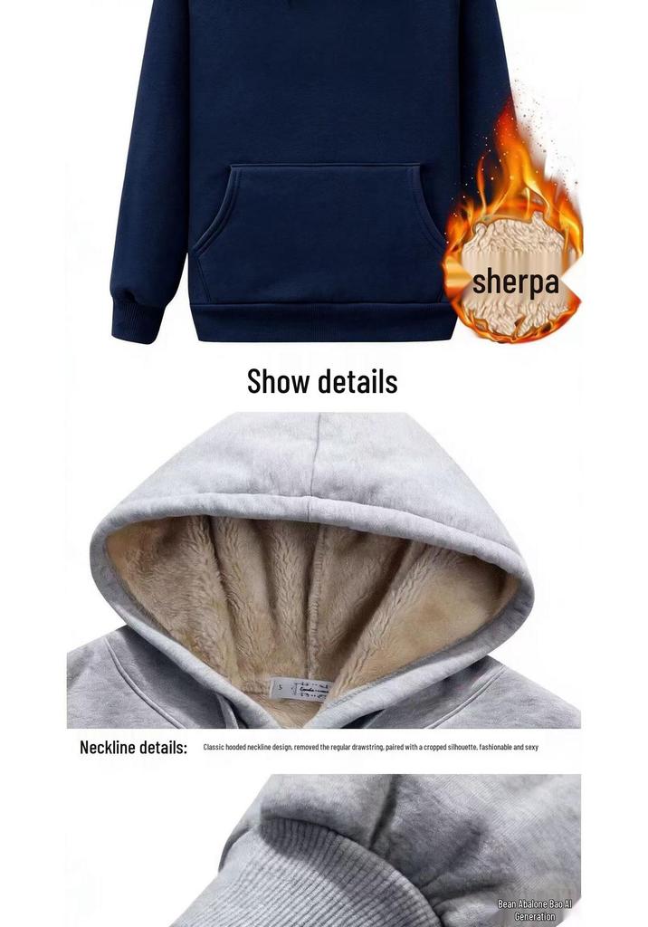 Men's Velvet-Lined Lambswool Hoodie - Loose Fit, Solid Color, Warm Winter Jacket