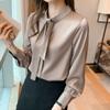 Elegant Satin Blouse For Women Long Sleeve Lady Office Silk Shirts With Bow Stand Collar Solid Tops Female Clothing Blusas 19261