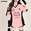 Pink Jersey T-shirt Girls V-neck T-shirt Oversize Women's Shirt Short-sleeved Summer Casual Printed Trendy Brand Fashion Streetwear Tops