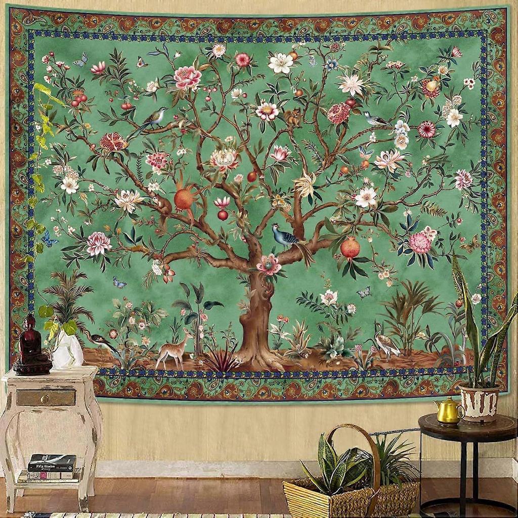 Tapeçaria Árvore da Vida Boho, Tapeçarias com Padrão de Flores Folhas Pássaros Planta Animal Vintage, Pendente de Parede Estética Indiana Bohemian Retrô Verde