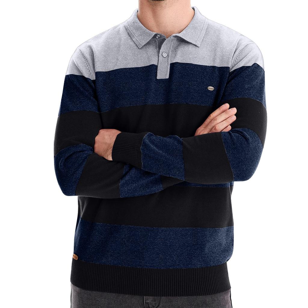 Men's Winter Color Blocked Striped Lapel Button Slim Fit Long Sleeve Top