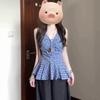 Women V Neck Plaid Sleeveless Ruched Peplum Hem Blouse