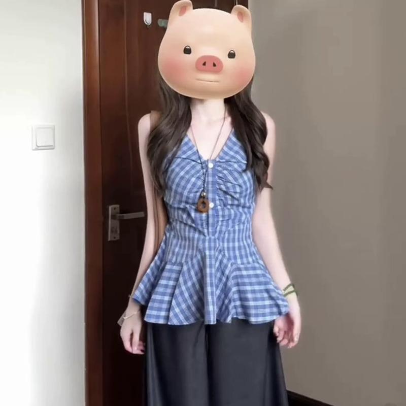 Women V Neck Plaid Sleeveless Ruched Peplum Hem Blouse