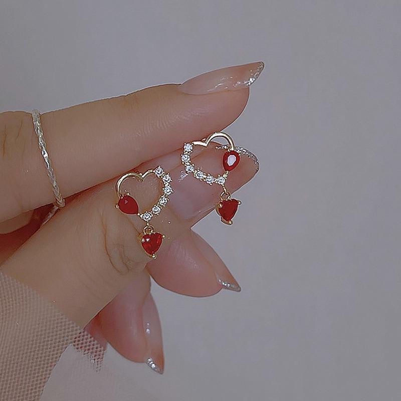 Sweet Love Stud Earrings Women'S Light Luxury Gentle Zircon Red New Year'S Earrings Temperament Versatile Fashion Earrings