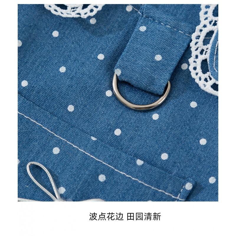 Minimalist Dog Dress With Denim Polka Dot Trim Harness-Compatible Back Strap