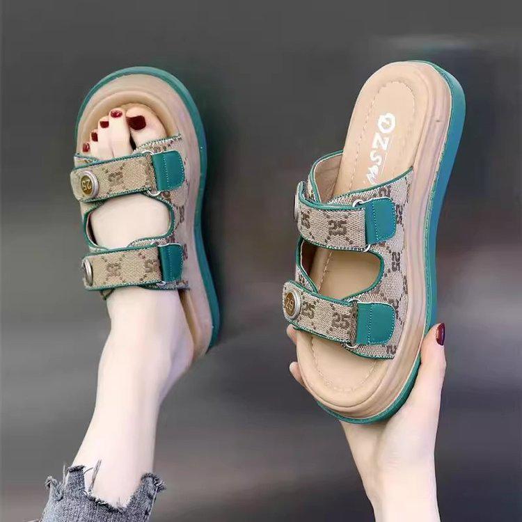 

Женские летние пляжные сандалии на липучках 2025 года - Толстая подошва и нескользящие, Идеально подходят к юбкам 35 зелёный