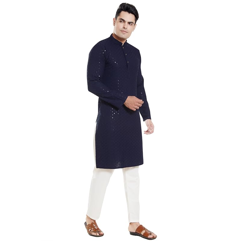 Divisive Men' Sequince Embroidered Cotton Blend Only Slim Fit Kurta (Dkrt1 Navy )