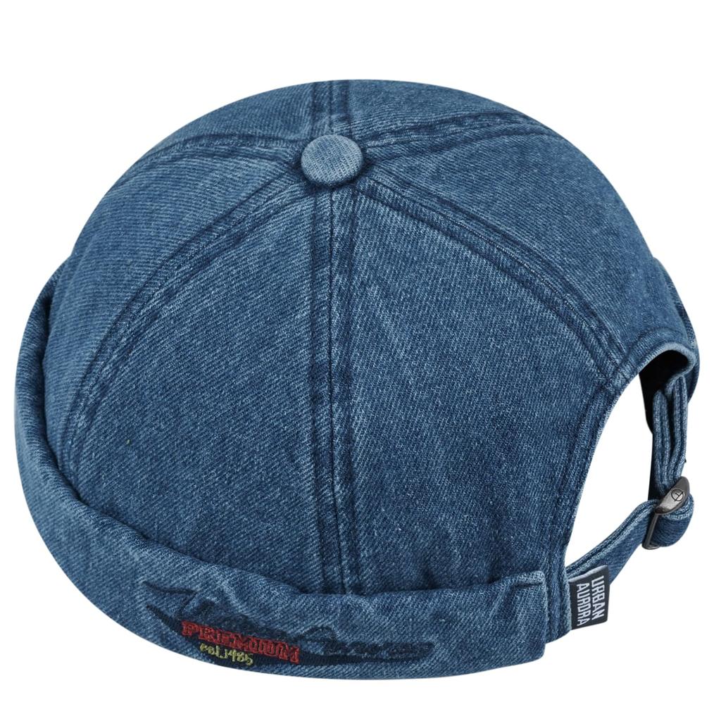 This brimless cap features embroidery and denim making it a cap with adjustable perfect for outdoor and Dark round, fisherman's accents, unique,
