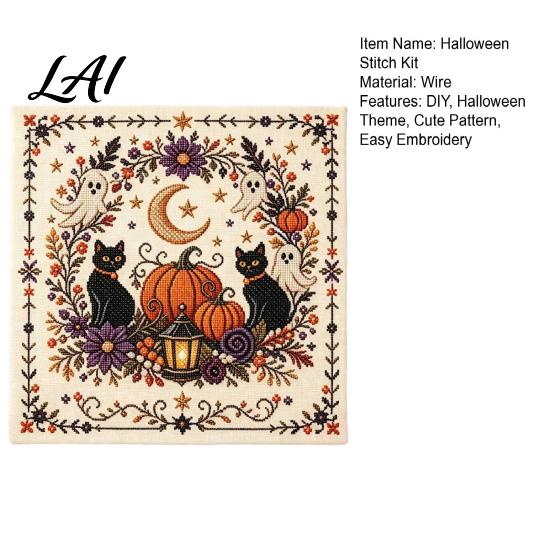 Handmade Home Accents Halloween Embroidery Kit DIY Stitch Kit for Adults Cute Witch Decoration Ghost Black Cat Pumpkin Pattern Wall Decor Beginners