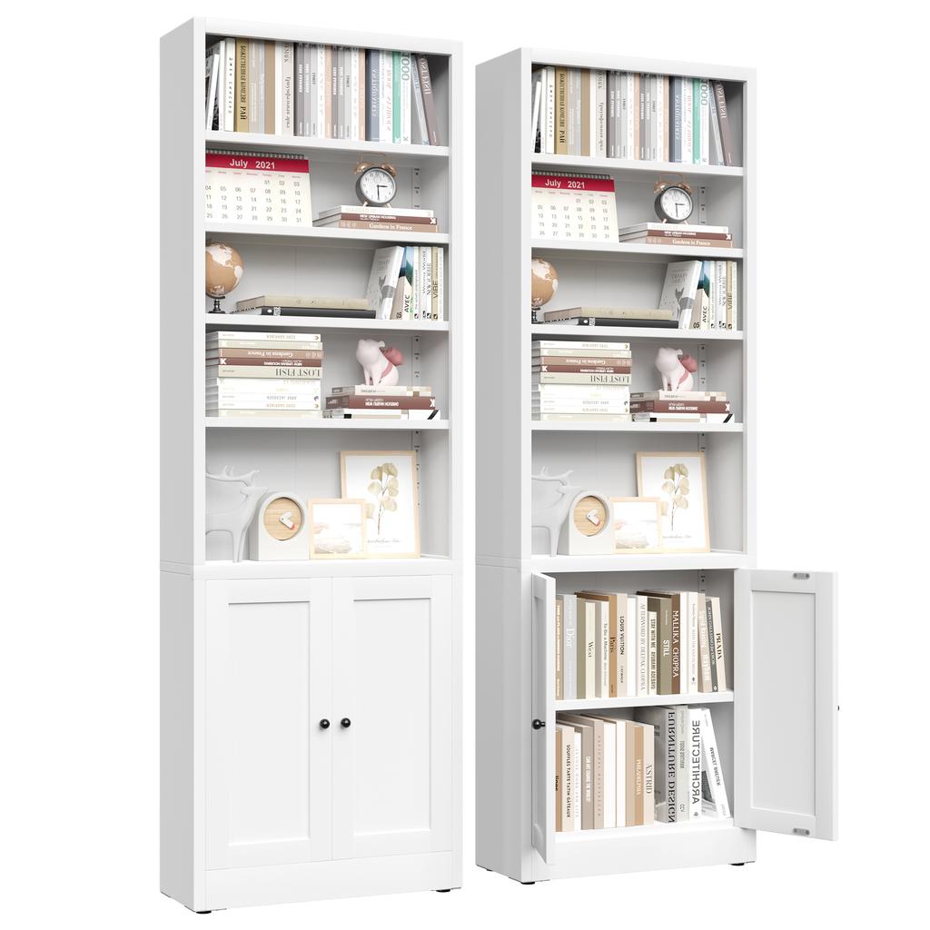 Metal Bookshelf with 5 Levels and Door, Industrial White, Adjustable Shelves, Dimensions H 180 x W 60 x D 23.6 cm, for Living Room, Office and Library