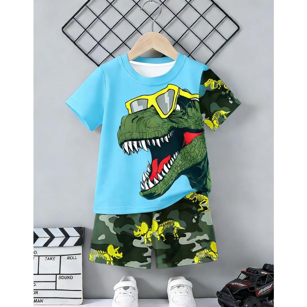 Set Maglia a Maniche Corte Stampata 3D con Dinosauro e Macchina e Pantaloncini Sportivi, Set Maglia Sportiva Casual Estiva