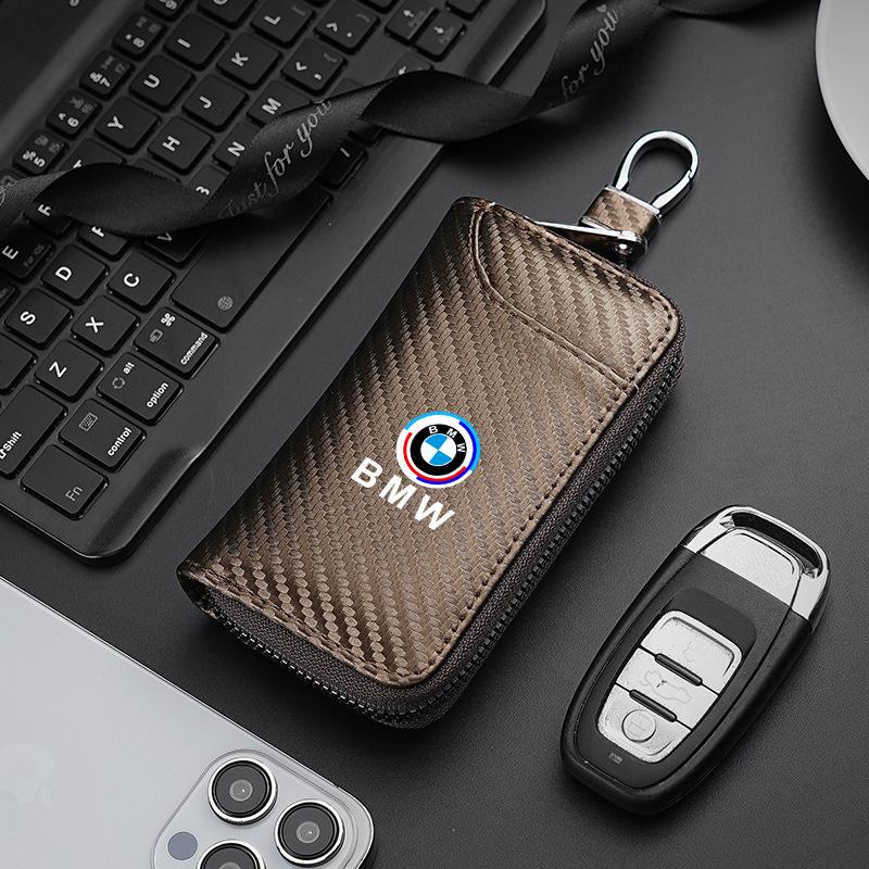 BBII7 Carbon Fiber Leather Wallet Car Remote Key Storage Zippers Bag For Bmw 50th Anniversary M E36 F20 E46 E90 E87 E34 X3 X5 X6 M2 M3