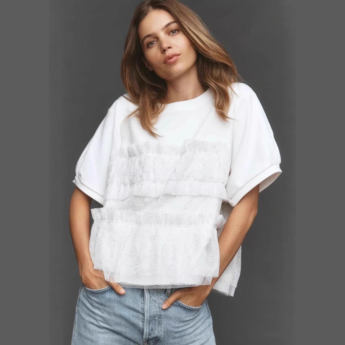 

2026 European & American Women s Fashion Mesh Splicing 3D Design Short Sleeve XL білий