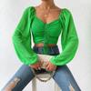 Summer V-neck Chiffon Drawstring Lantern Sleeve Tight Fashion Sexy Shirt Short Top