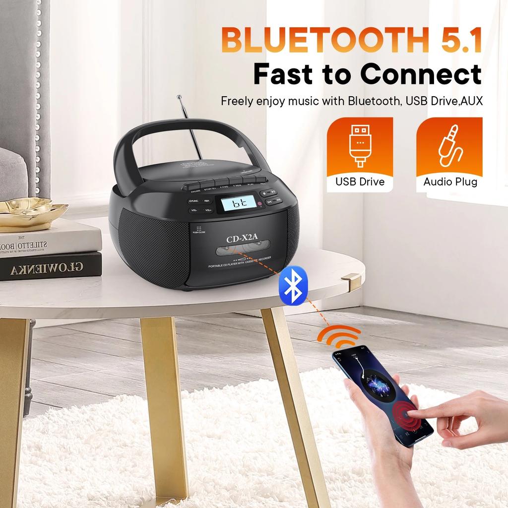 Portable CD Boombox with Cassette Player and Recorder CD Radio FM AM with Bluetooth and USB MP3,AC DC Power with Remote Control
