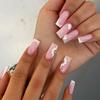 Medium-Length French Edge Nude Rhinestone Fake Nail Tips with Floral Design