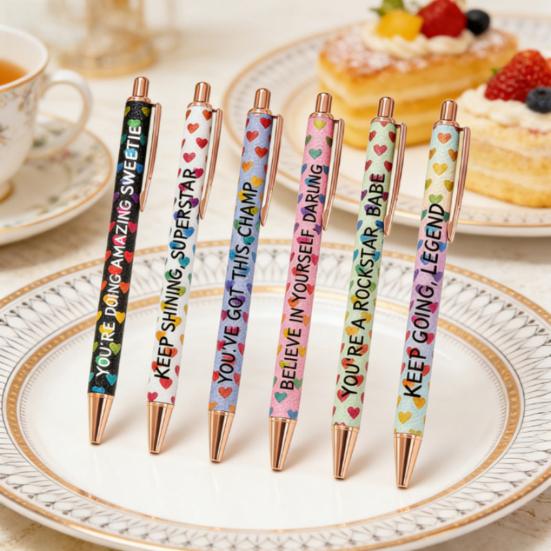 6Pcs Ballpoint Pen Retractable Heart Pattern Metal Click Pen with 1.0mm Fine Tip Smooth Writing Black Ink Pen for Teens Adults