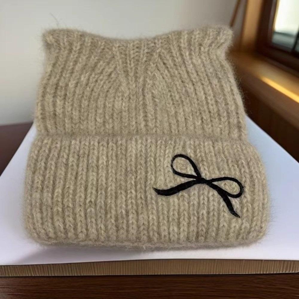 Solid Color Cat Ear Beanie Thickened Knitted Skullies Soft Knitted Woolen Hat  Autumn