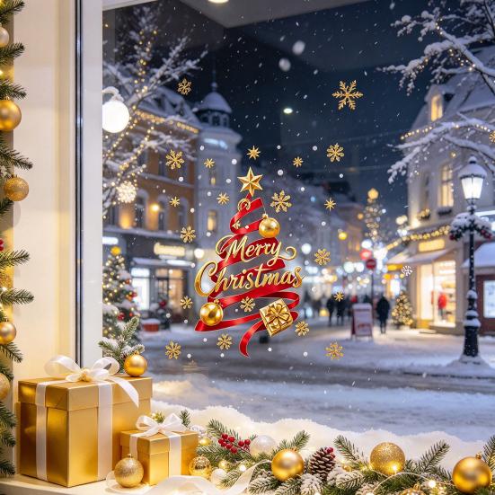 Home Window Ornaments 2Pcs Christmas Static Clings, Tree Stickers with Gift Box Snowflake, Merry Glass Decals for Shop Cafe Door Decor Snowflake