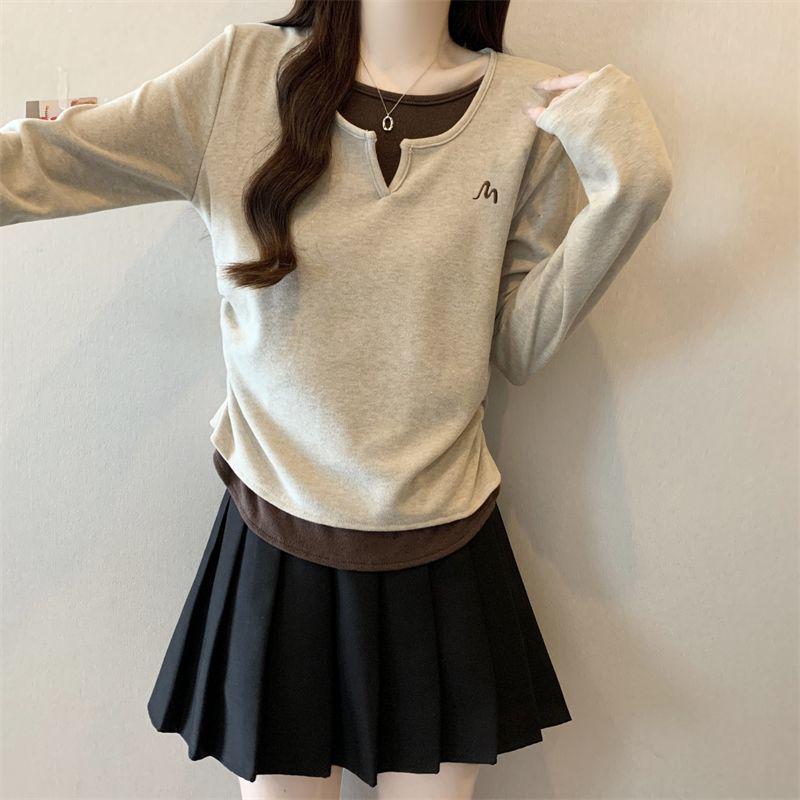 

Lamb Cashmere Chubby Girls Plus Size Cinched Waist Long-Sleeve Two-Piece T-Shirt for Autumn/Winter 4XL (181-200 lbs) абрикосовый