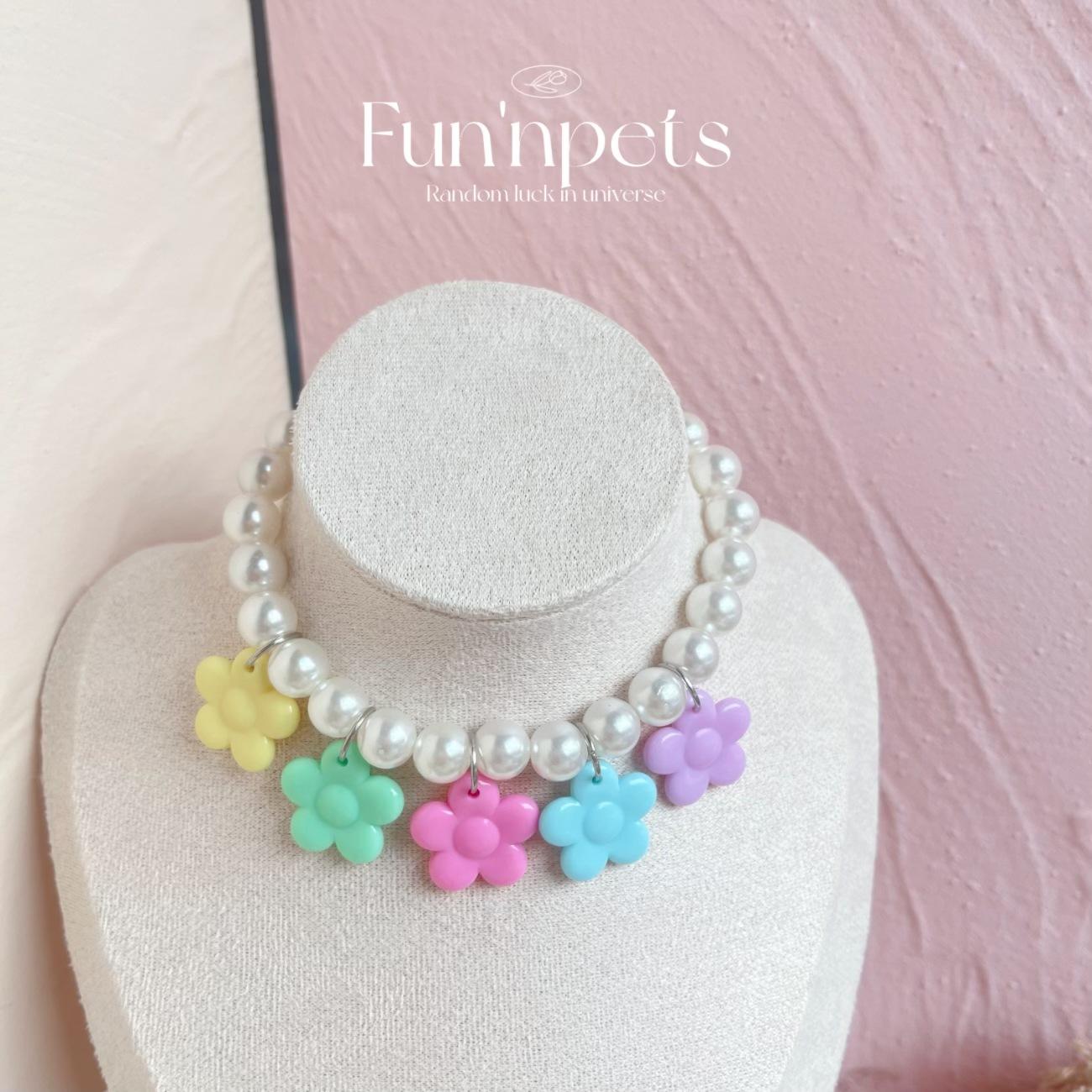 INS Korea Pet Pearl Necklace Flower Pendant Bi Bear Gradient Neck Cat Dog Gradient ins Wind S:26+5cm