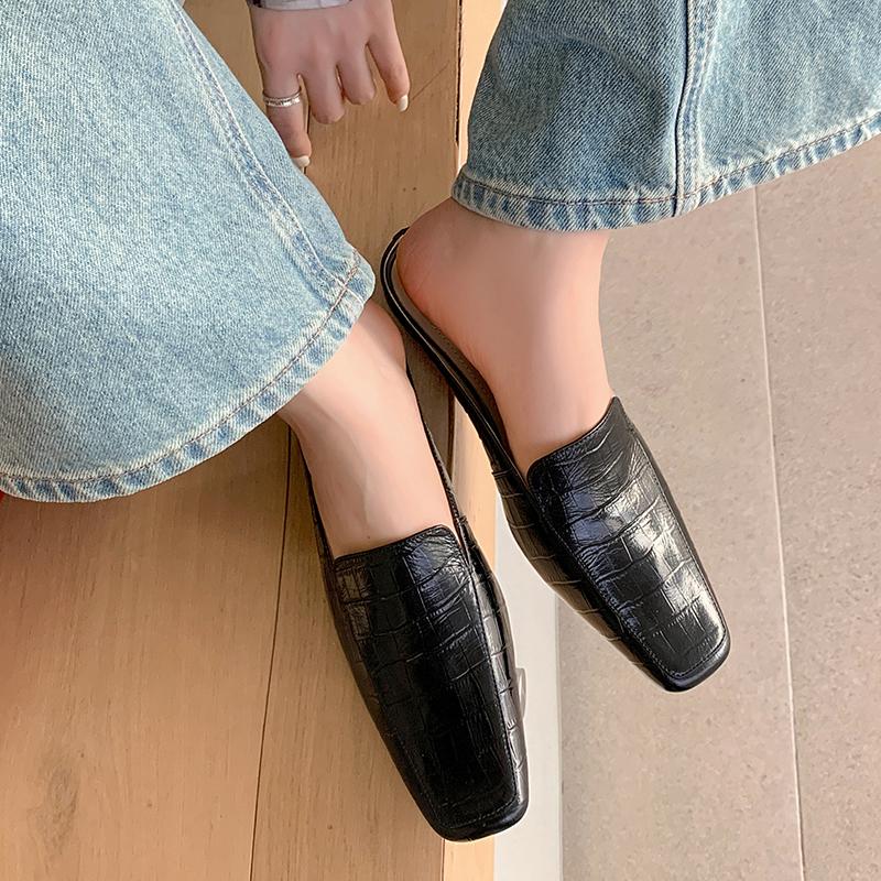Fashion Genuine Leather Retro Semi-drag Mueller Slippers Woman Women's Low-heel Square Toe Casual Shoes Women Slippers 2025 Summer New