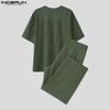 INCERUN Two Pieces Outfits Men Lapel Neck Corduroy Short Sleeve T-Shirt Long Harem Pants Sets 