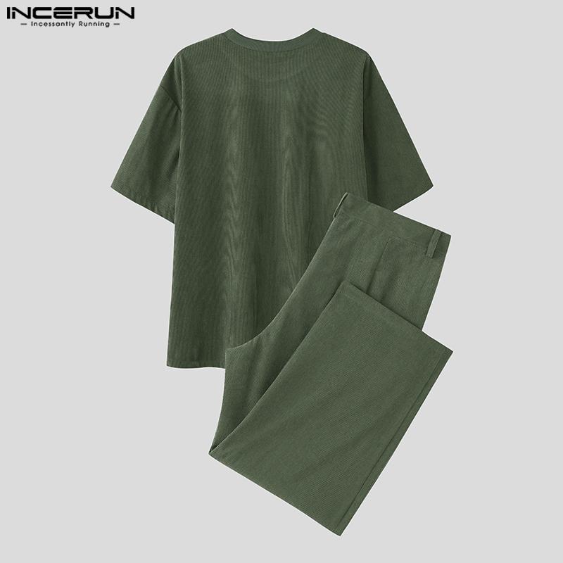 INCERUN Two Pieces Outfits Men Lapel Neck Corduroy Short Sleeve T-Shirt Long Harem Pants Sets
