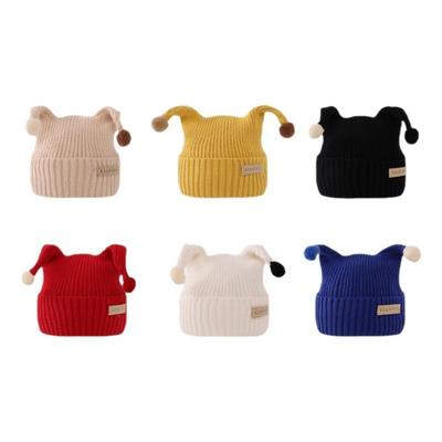Solid Color Baby Knitted Hat Plush Ball Kids Winter Cap Cute Elf Pompom Hat  Ear Protection