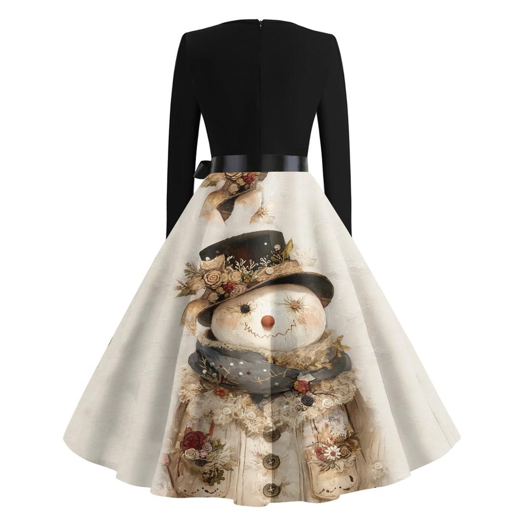 Women's Casual Fashion Round Neck Long Sleeve Christmas Printed Party Vintage Long Dresses