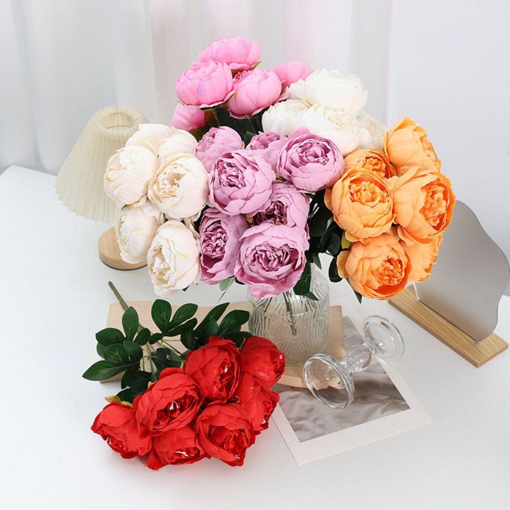 7 Heads Peony Buds Artifiical Flower Branch 44cm Height Flexible Stems Simulation Flower with Green Leaves Wedding Bouquet