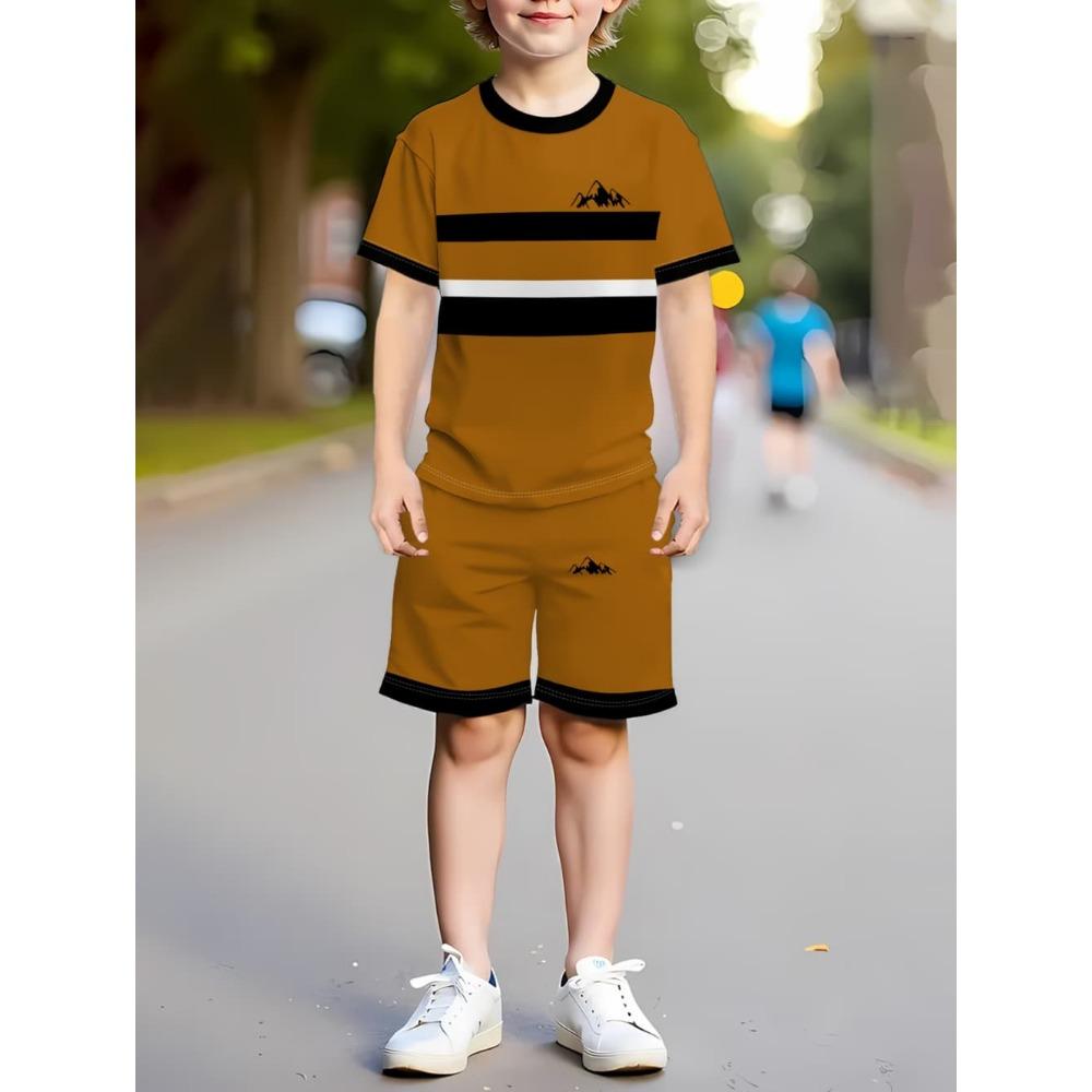 Boys Clothes Simple Striped 3D Printed Short Sleeve T-Shirt Sets Loose Casual Summer Outdoor Quick Drying Children's Clothing